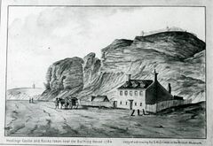 H001045 Sketch of Hastings Castle and rocks near the old bathing house1784. (Copy of illustration by S.H. Grimm at British Museum - Flickr - East Sussex Libraries Historical Photos.jpg